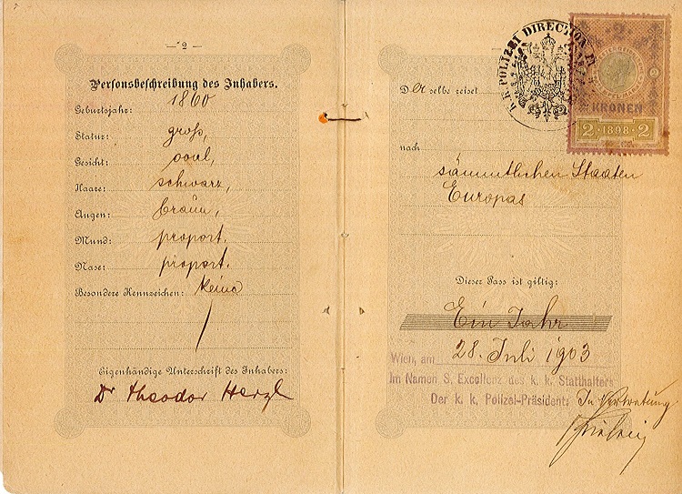 תיאור כללי של בעל הדרכון (בגרמנית) וחתימתו: ד"ר תיאודור הרצל, 1903. עמודים 2-3